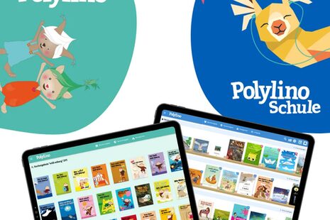 На малюнку зображено два планшети з додатком Polylino та кумедними намальованими зображеннями тварин.