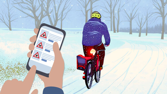 Die Zeichnung zeigt ein Smartphone mit Sensorendaten und einen Radfahrenden auf einem verschneiten Weg