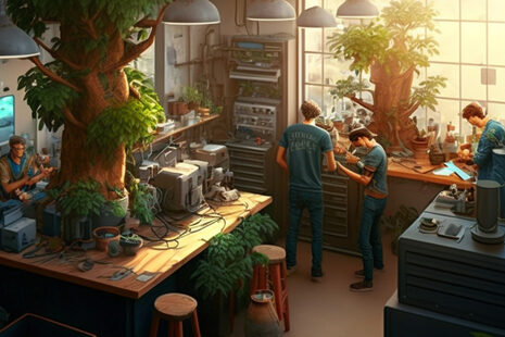 Ein Büro mit Menschen, Bäumen und Computern