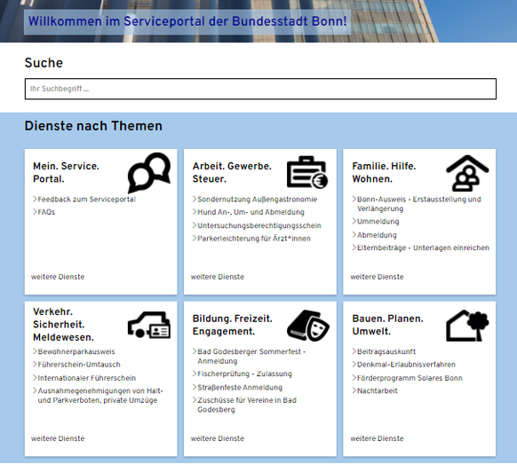 Screenshot des Serviceportals Bonn