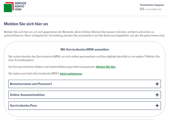 Der Screenshot zeigt den Startbildschirm beim Servicekonto NRW