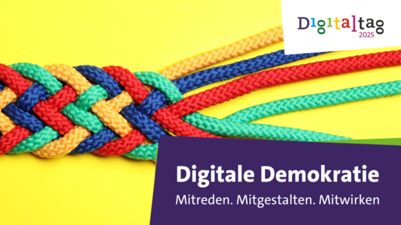 Das Logo zeigt einen Zopf aus verschiedenen bunten Schnüren und den Schriftzug Digitale Demokratie