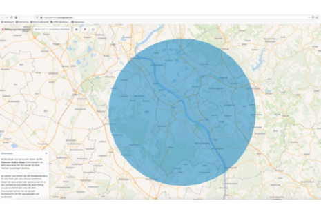 Eine Karte, auf der ein blauer Kreis eingezeichnet ist.