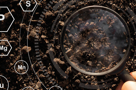 Hand pointing magnifying glass at earth