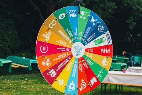 Ein Glücksrad mit den 17 Entwicklungszielen für Nachhaltigkeit
