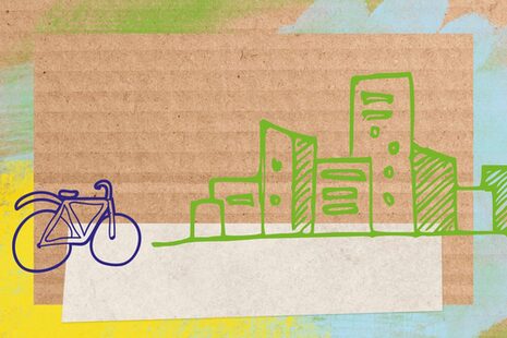 Le dessin montre un vélo et plusieurs maisons