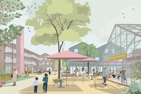 Eine Visualisierung vom "Dransdorfer Quartier" mit verschiedenen Gebäuden, einem Platz in der Mitte und Grün.