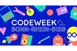 Das Bild zeigt das Logo der Codeweek Bonn-Rhein-Sieg mit bunten Figuren aus der digitalen und technischen Welt.