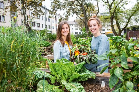 Zwei Frauen von der Initiative Stadtfrüchtchen präsentieren Obst und Gemüse aus dem Hochbeet