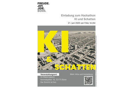 Invitation à l'événement. On y voit une ville vue d'en haut. Les bâtiments sont tous gris et projettent des ombres. La ville rappelle celle de Bonn.