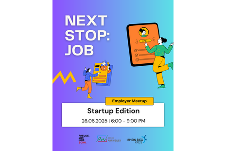 Obraz jest plakatem wydarzenia zatytułowanego "NEXT STOP: JOB". Przedstawia dwie ilustrowane postacie, z których jedna trzyma schowek, a druga wchodzi w interakcję z dużym ekranem smartfona wyświetlającym formularz podania o pracę. Tło ma gradient kolorów od fioletowego do niebieskiego. Poniżej znajdują się logotypy "FREUDE. JOIE. JOIE. BONN.", "KREIS AHRWEILER" i "RHEIN SIEG KREIS".